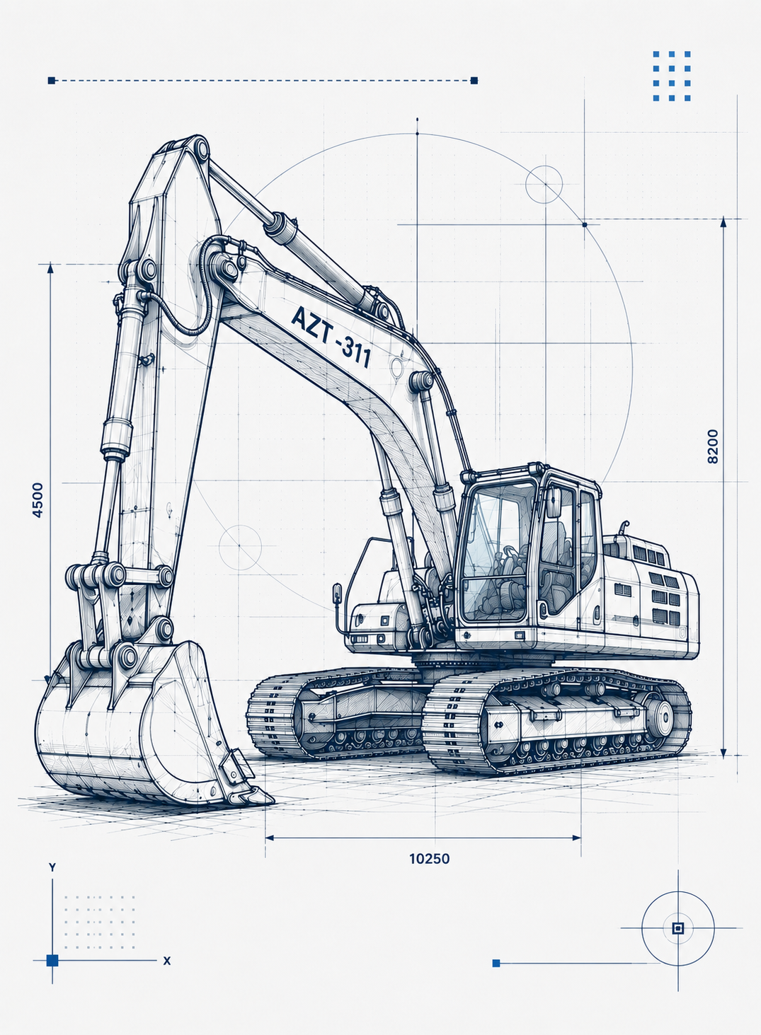 Technical blueprint drawing of an AZT-311 tracked hydraulic excavator with dimension callouts