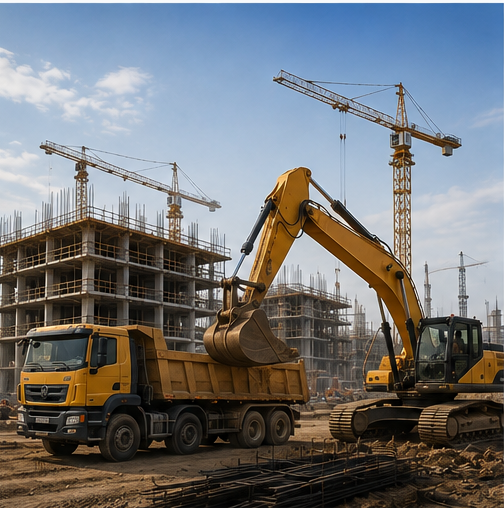 Excavator loading a dump truck at a multi-storey building site with tower cranes