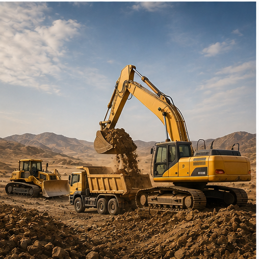 Excavator dumping soil into a tipper truck during desert earthworks