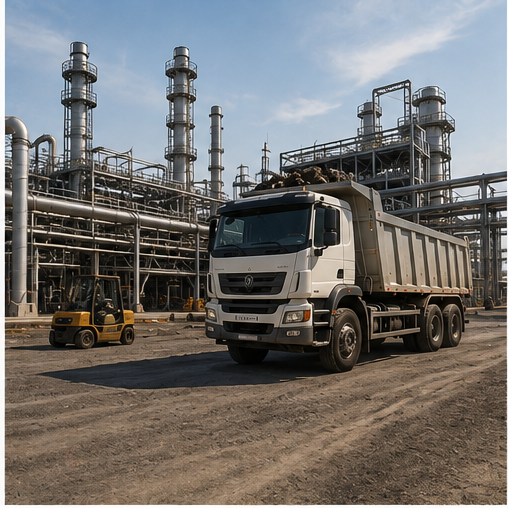 Loaded tipper truck at an industrial plant with process towers and pipework
