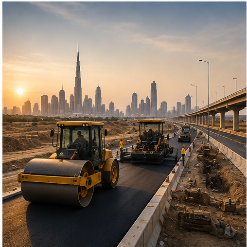 Road roller and asphalt paver laying a new highway with a city skyline behind