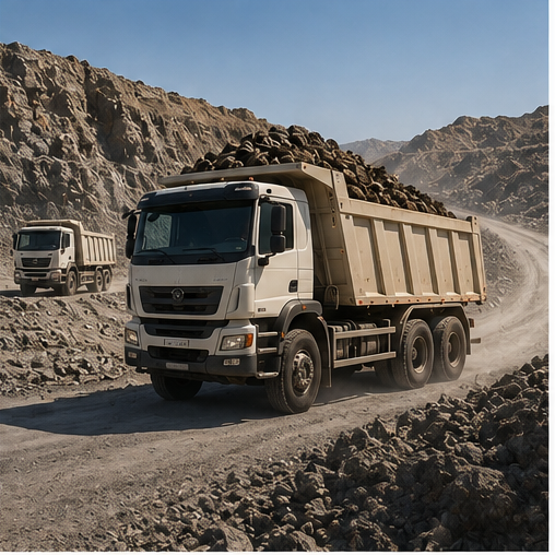 Tipper trucks hauling aggregate along a quarry haul road