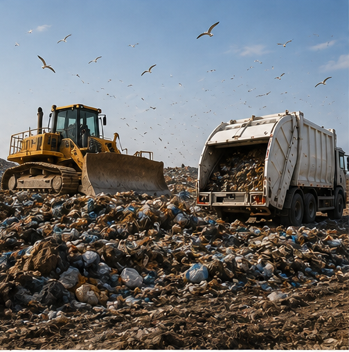 Bulldozer and collection truck handling material at a waste management site